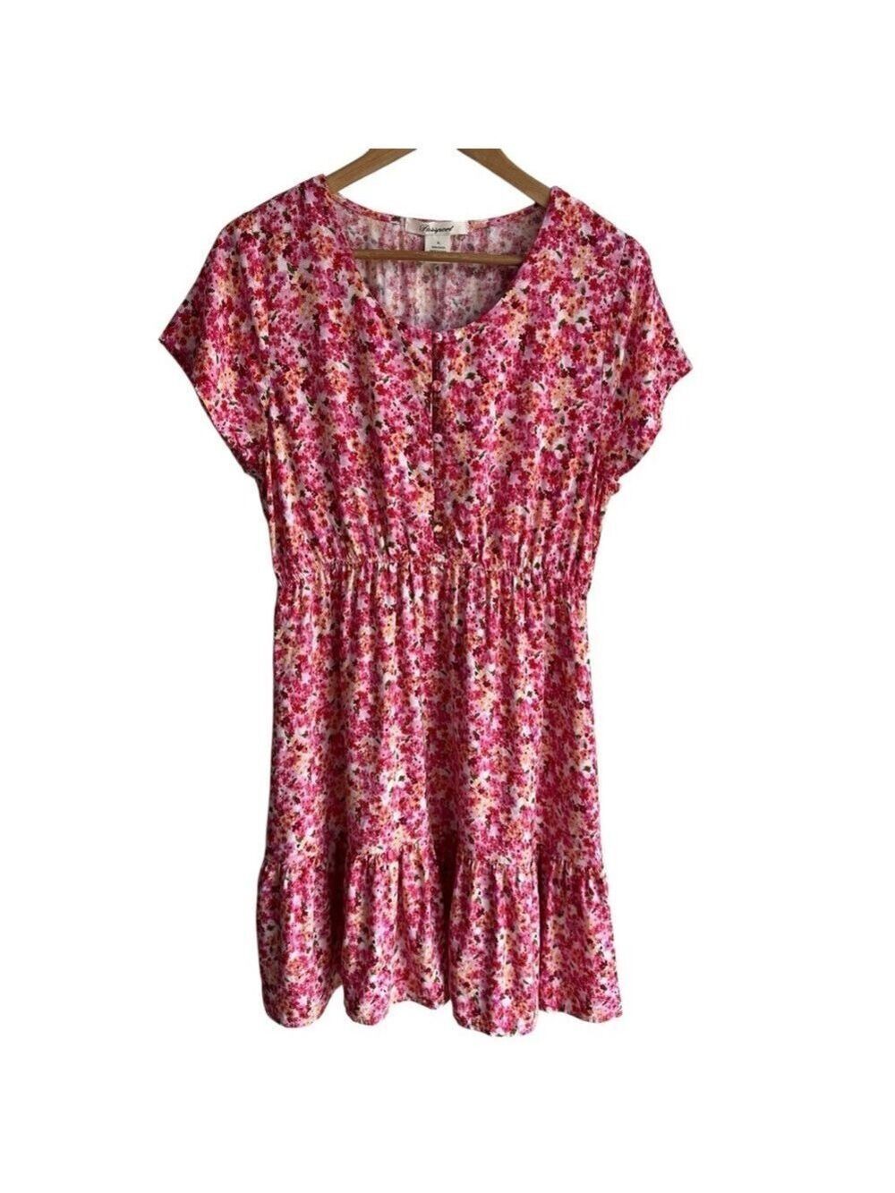 Passport Ditsy Floral Sundress Sz XL Pink Ruffle Knee Length Short Sleeve Dress